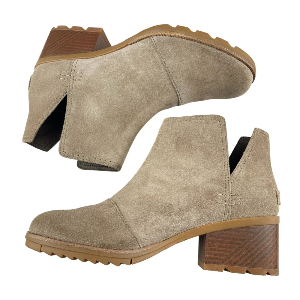 Sorel Women's Cate Ankle Booties 9.5 Taupe Suede Block Heel Cut-Out Boots Boho